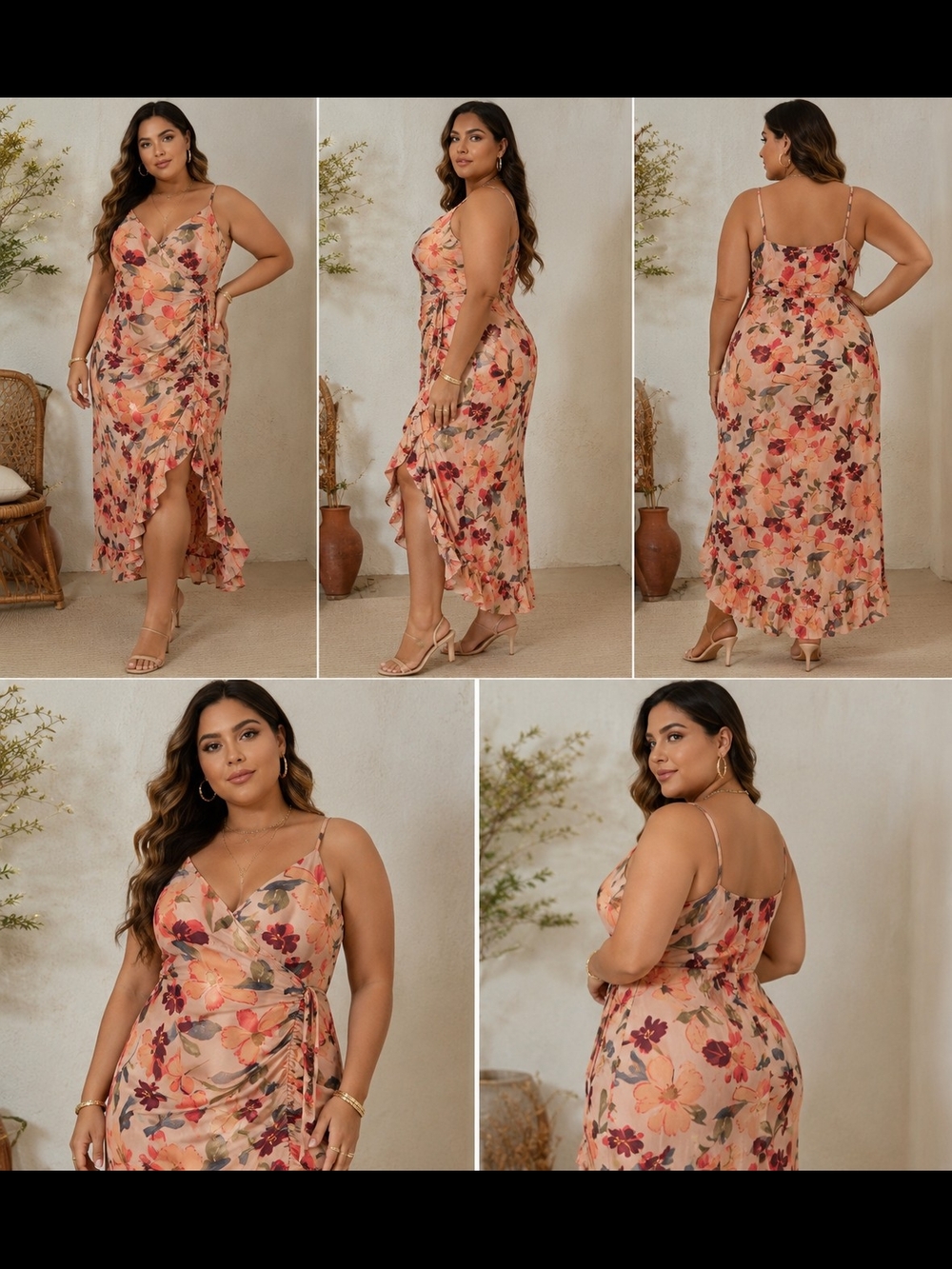Fashion Nova Peach Floral Ruffle Midi Dress